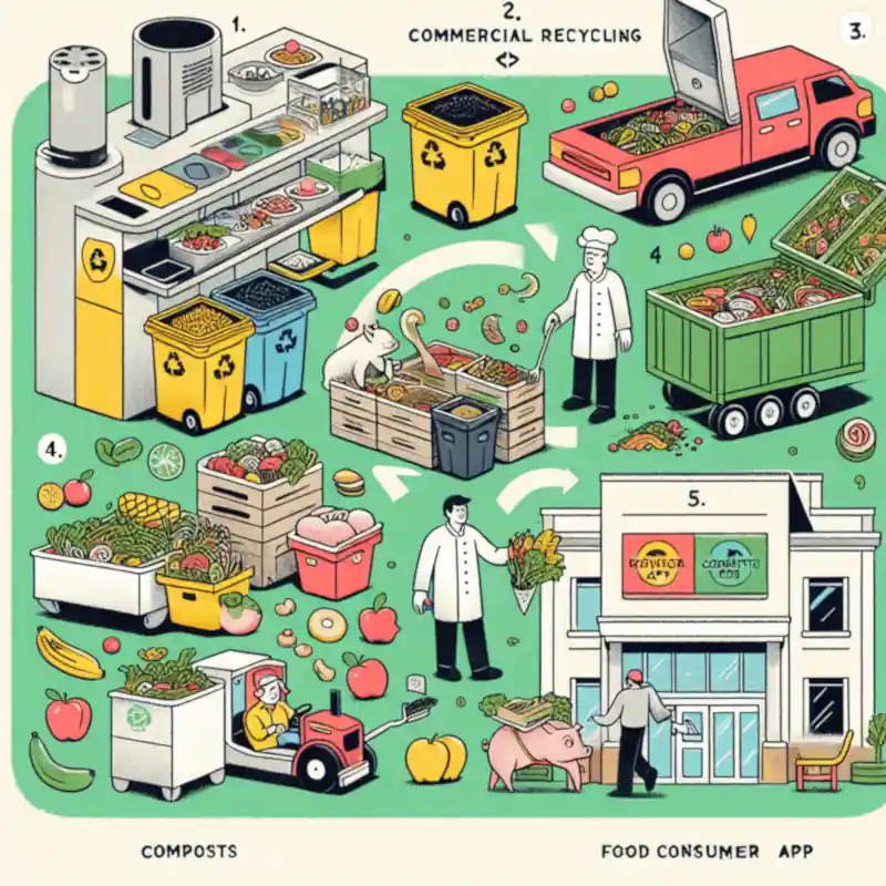 A collage of commercial food waste processing activities.