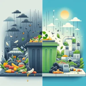 A split screen image depict the food waste processing regulations depackaging.