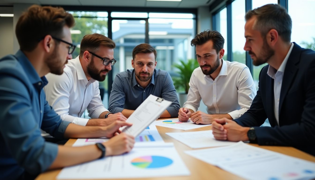 A group of middle-aged managers review food waste depackaging cost data.